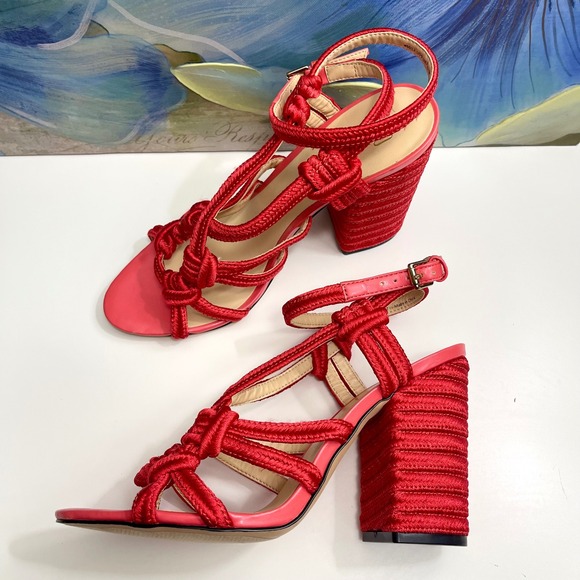 Cabi Tiptoe Knotted Rope Strappy Heeled Sandals Hibiscus Red Size 9 - Picture 4 of 12